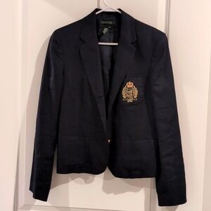 Ralph Lauren Linen Navy Gold Button Crest Emblem Bolero Blazer - size 12